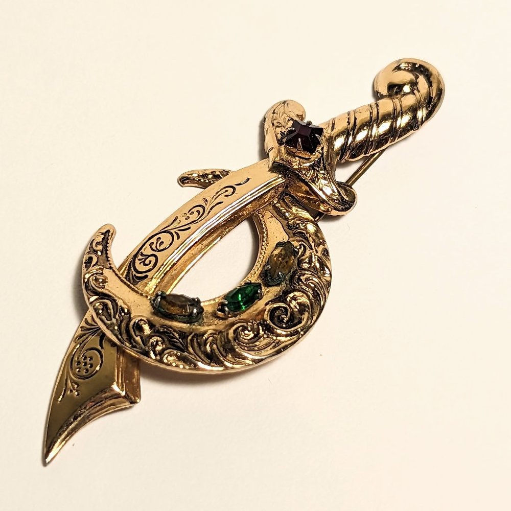 Vintage Gold Tone Rhinestone Shriner Crescent Moon & Scimitar Brooch Pin Track P